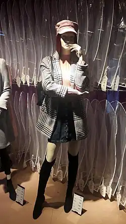 Image 98Retail mannequin in 2018 dressed in 1970s-inspired plaid coat, button-front miniskirt, and cap. (from 2010s in fashion)