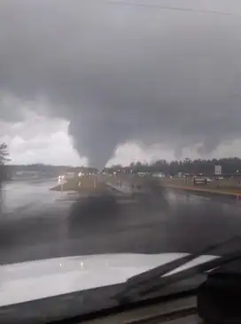 A partly-visible tornado illuminated by a bright flash between two trees
