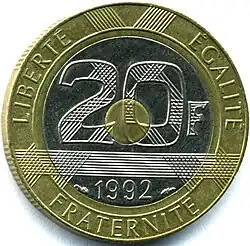 1992 French 20 francs tri-metallic coin.