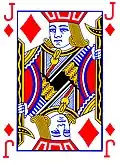 A playing card featuring the jack of diamonds has a clearly discernible front (shown) and back (not shown), but because the card is horizontally reversible, the top and bottom are provisional.