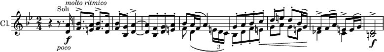 
{ \new PianoStaff 
  <<
\new Staff  \with { instrumentName="Cl."}
  \relative c'
{ 
  \set Score.tempoHideNote = ##t  \tempo 2 = 52
  \set Staff.midiInstrument = #"clarinet" 
  \set Staff.midiMinimumVolume = 0.2
  \set Staff.midiMaximumVolume = 0.7
  \set Staff.midiMaximumVolume = 0.7 
  \transposition a
  \key g  \minor 
  \clef treble 
  \time 2/4 
  r4 r8.^\markup {\smaller "Soli"}_\markup {\italic \smaller "poco"} <d a'>16\f^\markup {\italic \smaller "molto ritmico" } |
  <f bes>8.^\accent <e a>16 <f bes>8.^\accent <d a'>16 |
  <f bes>8^\staccato  <bes, g'>8^\staccato <d a'>4^\accent~|
  <d a'>8[ <bes f'>^\staccato <d g>^\staccato <e a>^\staccato] |
  << 
  \relative { bes'8 a16\=1( f a4\=1)} 
  \\
  \relative { f'8 d4\=2( \tuplet 3/2 {e16 d c\=2) }}
>> |
  << 
  \relative { g'8^\staccato[ a^\staccato bes^\staccato c^\staccato]} 
  \\
  \relative { bes8\staccato[ d\staccato f\staccato e\staccato]\<}
>> |
  << 
  \relative { d''8^\staccato e^\staccato d^\staccato bes16\=1( g\=1)} 
  \\
  \relative {g'8 a g e }
>> |
  << 
  \relative { f'8^\accent f16\=1( a\=1) e8^\accent e16\=2( g\=2)} 
  \\
  \relative { des'4\! c}
>> |
  <b d>2^\accent\f |
  }
  >>
}
