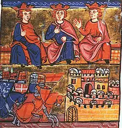 Three seated kings; knights marching on a walled city