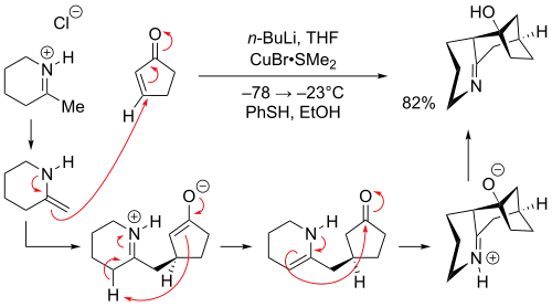 An intermolecular formal [3+3] cycloaddition between an cyclic iminium chloride and cyclopentenone.