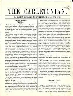 A newspaper with text in two columns. The title in large text at the top of the page reads "The Carletonian. Carlet on College, Northfield, Minn., June, 1877."