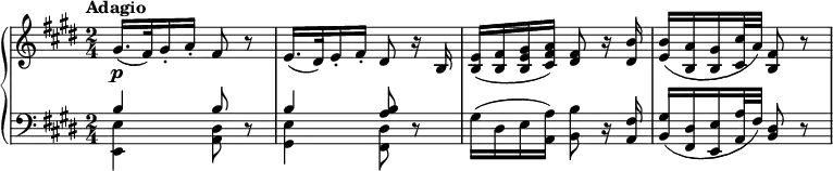 
\new PianoStaff <<
  \new Staff \relative c'' {
    \tempo "Adagio"
    \key e \major \time 2/4
    gis16.( fis32) gis16-. a-. fis8 r |
    e16.( dis32) e16-. fis-. dis8 r16 b |
    <b e>16( <b fis'> <b e gis> <cis fis a>) <dis fis>8 r16 <dis b'> |
    <e b'>16( <b a'> <b gis'> <cis cis'>32 a') <fis b,>8 r |
  }
  \new Dynamics { s4\p }
  \new Staff \relative c' {
    \key e \major \clef bass
    << { b4 b8 } \\ { <e, e,>4 <dis a>8 } >> r |
    << { b'4 <a b>8 } \\ { <e gis,>4 <dis fis,>8 } >> r |
    gis16( dis e <a a,>) <b b,>8 r16 <fis a,> |
    <gis b,>16( <dis fis,> <e e,> <a a,>32 fis) <dis b>8 r |
  }
>>
