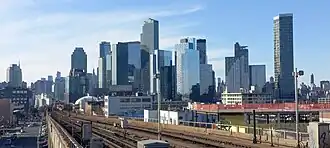 The skyline of Long Island City in Queens seen from 40th Street–Lowery Street station in January 2025