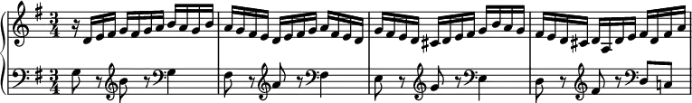 \new PianoStaff <<
\new Staff \relative c' {
\key g \major \time 3/4
r16 d e fis g fis g a b a g b |
a16 g fis e d e fis g a fis e d |
g16 fis e d cis d e fis g b a g |
fis16 e d cis d a d e fis d fis a |
}
\new Staff \relative c' {
\key g \major \clef bass
g8 r \clef treble b' r \clef bass g,4 |
fis8 r \clef treble a' r \clef bass fis,4 |
e8 r \clef treble g' r \clef bass e,4 |
d8 r \clef treble fis' r \clef bass d, c! |
}
>>