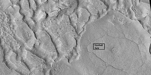 Ribbed terrain being formed from upper plains unit, as seen by HiRISE under HiWish program. Formation begins with cracks that enhance sublimation. Box shows the size of football field.
