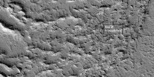 Close view of a lava lobe, as seen by HiRISE under HiWish program The box shows the size of a football field.