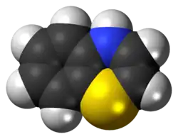 Space-filling model of the 4H-1,4-benzothiazine molecule