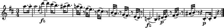 { \relative a'' { \key d \major \time 3/4
\partial 4 a8. a16-. | a2 \acciaccatura d,8 d'4~ \fz | d4 cis16( b8.) ais16( b8.) |
a!32( g16.) r8 fis32( e16.) r8 d32( cis16.) r8 | b32( a16.) r8 g32( fis16.) r8 e32( d16.) r8 |
c2.( \fz | b4) dis32( \p e16.) r8 fis32( g16.) r8 | ais32( b16.) r8 r4 cis,8.-. \p cis16-. | d4 r \bar ":|."
}} \layout { \context {\Score \override SpacingSpanner.common-shortest-duration = #(ly:make-moment 1/4) }}