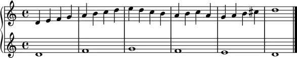 \new PianoStaff <<
\new Staff \relative c' { d4 e f g | a b c d | e d c b | a b c a | g a b cis | d1 | }
\new Staff \relative c' { d1 | f | g | f | e | d | \bar "|." }
>>