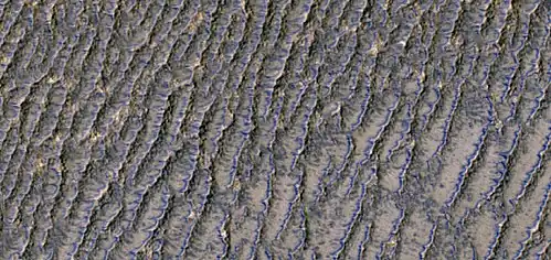 Close, color view of lines of old dunes. Colors show different minerals.