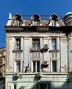 Beaux-Arts Tuscan pilasters of Strada Scaune no. 5, Bucharest, Romania, unknown architect, c.1900