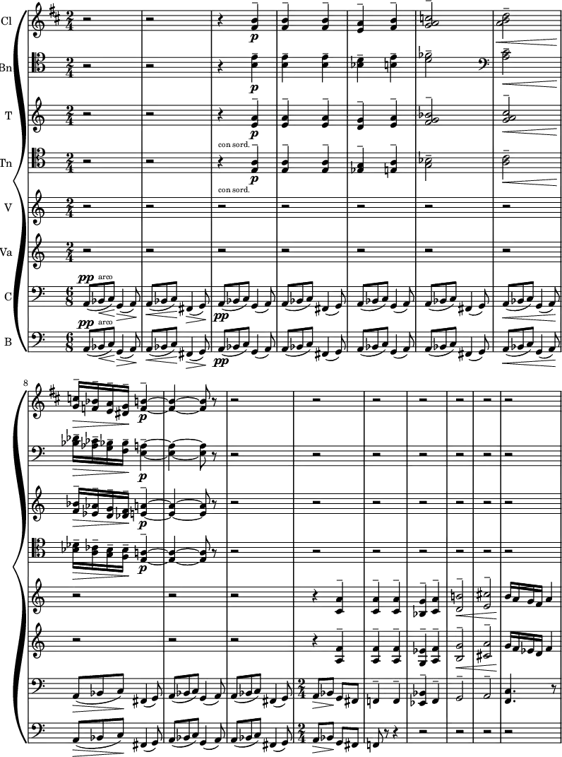 { \new PianoStaff
<<
\new Staff \with { instrumentName="Cl"}
\relative c''
{
\set Score.tempoHideNote = ##t \tempo 2 = 30
\set Staff.midiInstrument = #"clarinet"
\set Staff.midiMinimumVolume = 0.2
\set Staff.midiMaximumVolume = 0.6
\transposition bes
\key d \major
\clef treble
\time 2/4
r2 |
r2 |
r4 <b fis>4\p^\tenuto |
<b fis>^\tenuto <b fis>^\tenuto |
<a e>^\tenuto <b fis>^\tenuto |
<c a g>2^\tenuto |
<d b a>2^\tenuto\< |
<c g>16^\tenuto\!\> <bes f>^\tenuto <a e>^\tenuto <g dis>^\tenuto\! <b f>4\p^\tenuto~ |
<b f>~ <b f>8 r8
r2 |
r2 |
r2 |
r2 |
r2 |
r2 |
r2 |
}
\new Staff \with { instrumentName="Bn"}
\relative c'
{
\set Staff.midiInstrument = #"bassoon"
\set Staff.midiMinimumVolume = 0.2
\set Staff.midiMaximumVolume = 0.6
\key c \major
\clef tenor
\time 2/4
r2 |
r2 |
r4 <e b>4\p^\tenuto |
<e b>^\tenuto <e b>^\tenuto |
<d bes>^\tenuto <e b!>^\tenuto |
<fes d>2^\tenuto |
\clef bass <c a>2^\tenuto\< |
<des bes>16^\tenuto\!\> <ces aes>^\tenuto <bes! g>^\tenuto <bes f>^\tenuto\! <a e>4\p^\tenuto~ |
<a e>~ <a e>8 r8
r2 |
r2 |
r2 |
r2 |
r2 |
r2 |
r2 |
}
\new Staff \with { instrumentName="T"}
\relative c''
{
\set Staff.midiInstrument = #"trumpet"
\set Staff.midiMinimumVolume = 0.2
\set Staff.midiMaximumVolume = 0.6
\transposition c
\key c \major
\clef treble
\time 2/4
r2 |
r2 |
r4_\markup {\teeny "con sord."} <a e>4\p^\tenuto |
<a e>^\tenuto <a e>^\tenuto |
<g d>^\tenuto <a e>^\tenuto |
<bes g f>2^\tenuto |
<c a g>2^\tenuto\< |
<bes f>16^\tenuto\!\> <aes ees>^\tenuto <g d>^\tenuto <f des>^\tenuto\! <a e>4\p^\tenuto~ |
<a e>~ <a e>8 r8
r2 |
r2 |
r2 |
r2 |
r2 |
r2 |
r2 |
}
\new Staff \with { instrumentName="Tn"}
\relative c'
{
\set Staff.midiInstrument = #"trombone"
\set Staff.midiMinimumVolume = 0.2
\set Staff.midiMaximumVolume = 0.6
\key c \major
\clef tenor
\time 2/4
r2 |
r2 |
r4_\markup {\teeny "con sord."} <a e>4\p^\tenuto |
<a e>^\tenuto <a e>^\tenuto |
<g ees>^\tenuto <a e>^\tenuto |
<bes g>2^\tenuto |
<c a>2^\tenuto\< |
<des bes>16^\tenuto\!\> <ces a>^\tenuto <bes g>^\tenuto <bes f>^\tenuto\! <a! e>4\p^\tenuto~ |
<a e>~ <a e>8 r8
r2 |
r2 |
r2 |
r2 |
r2 |
r2 |
r2 |
}
\new Staff \with { instrumentName="V"}
\relative c'
{
\set Staff.midiInstrument = #"string ensemble 1"
\set Staff.midiMinimumVolume = 0.3
\set Staff.midiMaximumVolume = 0.7
\key c \major
\clef treble
\time 2/4
r2 |
r2 |
r2 |
r2 |
r2 |
r2 |
r2 |
r2 |
r2 |
r2 |
r4 < a' c,>4^\tenuto |
< a c,>^\tenuto < a c,>^\tenuto |
<g bes,>^\tenuto <a c,>^\tenuto |
<b! d,>2\<^\tenuto |
<cis e,>^\tenuto |
b16\! a g f a4 |
}
\new Staff \with { instrumentName="Va"}
\relative c'
{
\set Staff.midiInstrument = #"string ensemble 2"
\set Staff.midiMinimumVolume = 0.3
\set Staff.midiMaximumVolume = 0.7
\key c \major
\clef treble
\time 2/4
r2 |
r2 |
r2 |
r2 |
r2 |
r2 |
r2 |
r2 |
r2 |
r2 |
r4 < f a,>4^\tenuto |
< f a,>^\tenuto < f a,>^\tenuto |
<ees g,>^\tenuto <f a,>^\tenuto |
<g b,>2\<^\tenuto |
<a cis,>^\tenuto |
g16\! f ees d f4 | |
}
\new Staff \with { instrumentName="C"}
\relative c
{
\set Staff.midiInstrument = #"string ensemble 1"
\set Staff.midiMinimumVolume = 0.2
\set Staff.midiMaximumVolume = 0.7
\key c \major
\clef bass
\time 2/4
\set Staff.timeSignatureFraction = 6/8
\scaleDurations2/3 {
a8\<^\pp( bes^\markup {\teeny "arco"} c\!) g4\>( a8\!) |
a8\<( bes c\!) fis,4\>( g8\!) |
a(\pp bes c) g4( a8) |
a8( bes c) fis,4( g8) |
a8( bes c) g4( a8) |
a8( bes c) fis,4( g8) |
a(\< bes c) g4( a8)\! |
a8(\> bes c)\! fis,4( g8) |
a8( bes c) g4( a8) |
a8( bes c) fis,4( g8) |
}
\set Staff.timeSignatureFraction = 2/4 {
a8\> bes\! g fis |
f!4^\tenuto f^\tenuto
<bes ees,>^\tenuto f^\tenuto |
g2^\tenuto |
a^\tenuto |
<c f,>4. r8
}
}
\new Staff \with { instrumentName="B"}
\relative c
{
\set Staff.midiInstrument = #"string ensemble 2"
\set Staff.midiMinimumVolume = 0.2
\set Staff.midiMaximumVolume = 0.4
\key c \major
\clef bass
\time 2/4
\set Staff.timeSignatureFraction = 6/8
\scaleDurations 2/3 {
a8\<^\pp( bes^\markup {\teeny "arco"} c\!) g4\>( a8\!) |
a8\<( bes c\!) fis,4\>( g8\!) |
a(\pp bes c) g4( a8) |
a8( bes c) fis,4( g8) |
a8( bes c) g4( a8) |
a8( bes c) fis,4( g8) |
a(\< bes c) g4( a8)\! |
a8(\> bes c)\! fis,4( g8) |
a8( bes c) g4( a8) |
a8( bes c) fis,4( g8) |
}
\set Staff.timeSignatureFraction = 2/4 {
a8\> bes\! g fis |
f!8 r8 r4 |
r2 |
r2 |
r2 |
r2 |
}
}
>>
}
