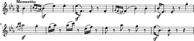 
\relative a { 
\key ees \major
\time 3/4 
\tempo "Menuetto"
\tempo 4 = 145
\partial 4
bes'4
\acciaccatura { c16 bes a }bes4\sf
(ees) ees\staccato
ees16\sf (f,8.) f8\staccato r f4\staccato
\acciaccatura { g16 f e } f4 (bes) bes\staccato 
bes16\sf (ees,8.) ees8\staccato r8 g'4\staccato
\acciaccatura { f16 g } aes2\sf g4\staccato 
f16 (aes) r8 aes16 (c) r8 d,16 (f) r8 
ees8 r aes r g r
f16\sf (bes,8.) bes8\staccato r r4
}
