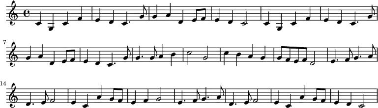 \relative c' { c g c f e d c4. g'8 g4 a d, e8 f8 e4 d c2 c4 g c f e d c4. g'8 g4 a d, e8 f8 e4 d c4. g'8 g4. g8 a4 b c2 g c4 b a g g8 f e f d2 e4. f8 g4. a8 d,4. e8 f2 e4 c a' g8 f e4 f g2 e4. f8 g4. a8 d,4. e8 f2 e4 c a' g8 f e4 d c2}