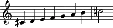 {
\override Score.TimeSignature #'stencil = ##f
\relative c' {
\clef treble \time 7/4
cis4 d e f g a b cis2 }
}