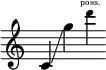 
    {
      \new Staff \with { \remove "Time_signature_engraver" }
      \clef treble \key c \major \cadenzaOn
      c' \glissando g''
      \tweak font-size #-2 d''' \finger \markup \text "poss."
    }
  