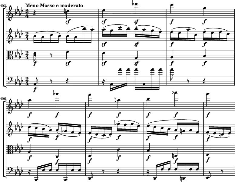 {
#(set-global-staff-size 16)
<< \new StaffGroup <<
\new Staff <<
\set Score.currentBarNumber = #493
\bar ""
\tempo "Meno Mosso e moderato"
\relative c'' {
\clef treble \key aes \major \time 2/4
r4 d\sf
es\sf des'!\sf
c\f g\f
aes\f ges'\f
f\f a,\f
bes\f aes'!\f
g\f
}
>>
\new Staff <<
\clef treble \key aes \major \time 2/4
\new Voice \relative c'' {
bes16( aes c bes) bes( aes bes' aes)
aes(\sf g c bes) bes(\sf aes g f)
f(\f es aes c,) f(\f es f des)
des(\f c bes aes) aes(\f ges f es)
es(\f des c des) ges'(\f f ges es)
es(\f des c bes aes\f g! aes f)
f(\f es d! es)
}
>>
\new Staff <<
\clef alto \key aes \major \time 2/4
\new Voice \relative c' {
<c es>8\f r f4\sf
es\sf g,\sf
aes\f bes\f
aes\f c,\f
des\f c'\f
bes\f d,!\f
es\f
}
>>
\new Staff <<
\clef bass \key aes \major \time 2/4
\new Voice \relative c {
aes8\f r r4
r16 aes aes'' aes aes aes,, aes'' aes
aes8 r r4
r16 c,,, es' es es c, es' es
des,8 r r4
r16 des f' f f d, f' f
es,8 r
}
>>
>>
>> }