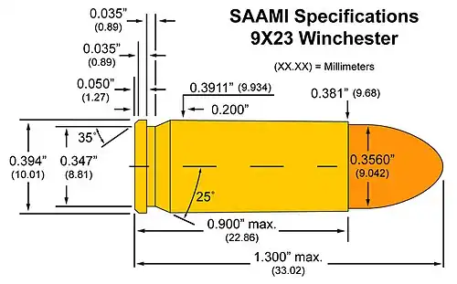 Drawing of 9×23 Winchester cartridge.