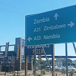 A road sign on the A33 in Kazungula