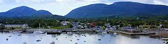 Aerial photograph of Bar Harbor, Maine, the real life locale Far Harbor is based on.