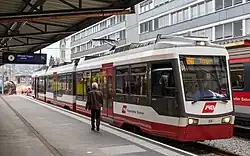 Former Be 4/8 of AB in St. Gallen on the St. Gallen–Trogen railway line in 2017 (sold to transN in 2019)