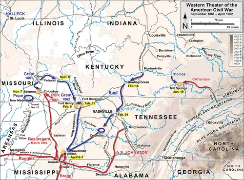 map of Tennessee and surrounding states showing Confederate forces moving to Corinth, Mississippi near the Tennessee border