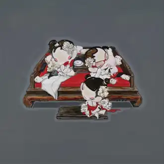 A Faint Fragrance, oil on canvas, painting by Han Yajuan, depicting three fancy Chinese cartoon style girls having fun.