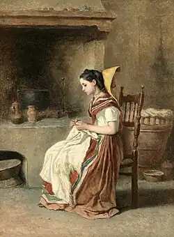 Théodore Valério, A girl sewing in the kitchen, 1860
