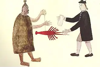 A Māori man and an English man, trading a lobster for a piece of cloth.
