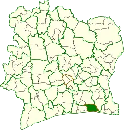 Location in Ivory Coast. Abidjan Department has had these boundaries since 1998. Darker shade: City of Abidjan.