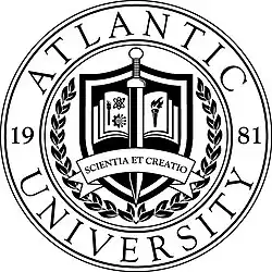 Black and white academic seal of Atlantic University with a sword, open book, laurel wreath, and the motto “Scientia et Creatio.”