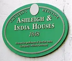 London Borough of Croydon green plaque marking two of the surviving buildings of Addiscombe Military Seminary