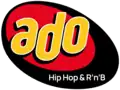 A red oval with a black swooshy oval around it. Over the red oval, in yellow with white trim and black drop shadows, are the letters a, d, and o in a sans serif. On the black oval area are the words "Hip Hop & R'n'B".