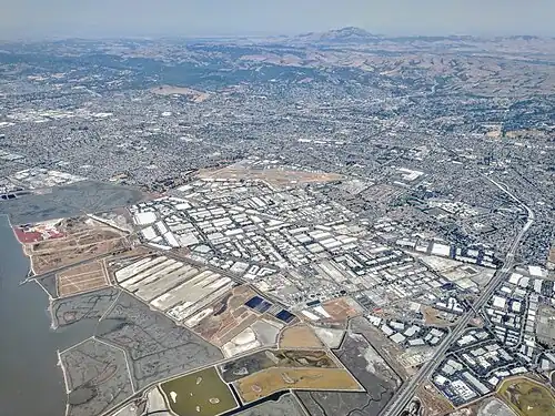 View directed north over Hayward; SR&nbsp;92 runs along bottom right corner
