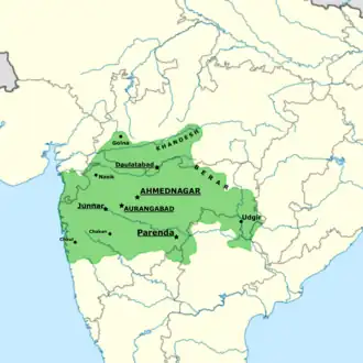 Map of Ahmadnagar Sultanate extending form Khandesh to Udgir, Golna to Paranda and from Konkan to Territories beyond Elichpur of Berar.[1][2]