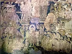 Many foreign ambassadors, representatives, and travelers are included as devotees attending the Buddha's descent from Trayastrimsa Heaven; painting from Cave 17 of the Ajanta Caves.