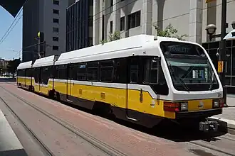 DART Blue Line train at Akard station in downtown Dallas heading towards Downtown Rowlett station