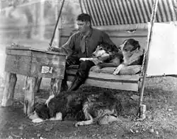 A man sits on a swing, writing on a crude desk. Two dogs, Rough Collies, sit on his left. Another lies on the ground at his feet.