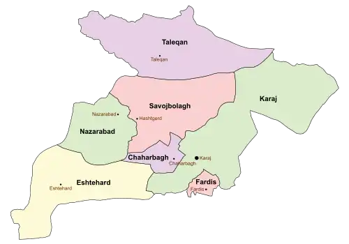 Location of Chaharbagh County in Alborz province (center, purple)