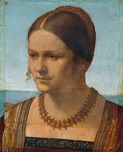 Portrait of a Young Venetian Woman, 1506, oil on poplar, 28.5 × 21.5 cm, Gemäldegalerie, Berlin (557G). The abstract background suggests the sea.