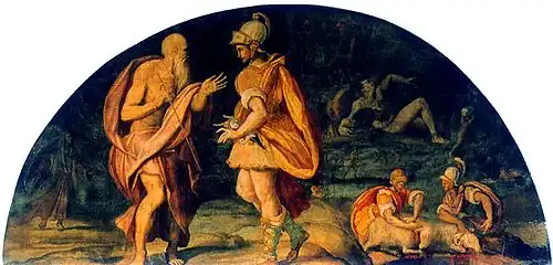 Odysseus consults the soul of the prophet Tiresias in his katabasis, a visit to the Greek underworld, Hades, during Book 11 of The Odyssey. Fresco in the Palazzo Salviati-Quaratesi, Florence, by Alessandro Allori, 1580
