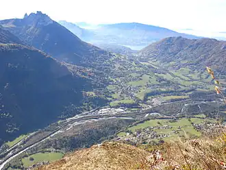 A view of the village from the Parmelan, with Lake Annecy in the background