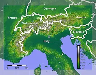 Image 8The Alps extend in an arc from France in the south and west to Slovenia in the east, and from Monaco in the south to Germany in the north. (from Alps)