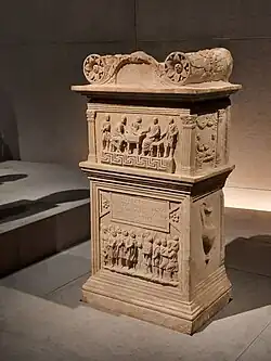 Roman volutes at the top of a funerary altar, 25-50 AD, marble, Terme di Diocleziano, Rome