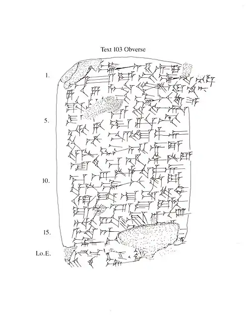 line drawing, Obverse Amarna letter EA 15-(titled: "Assyria joins the International Scene"). A common Amarna letter that uses cuneiform am. (Next-to-last cuneiform sign, line 3.)
