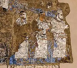 Ambassadors from Chaganian (central figure, inscription of the neck), and Chach (modern Tashkent) to king Varkhuman of Samarkand. 648-651 CE, Afrasiyab murals, Samarkand.[1][17]