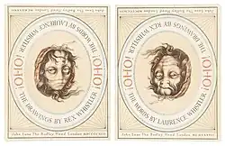 Drawing of reversible female face by Rex Whistler, with ambigram ¡OHO!. 180° rotational symmetry. The face of a young woman changes into a grandmother. Published in 1946.